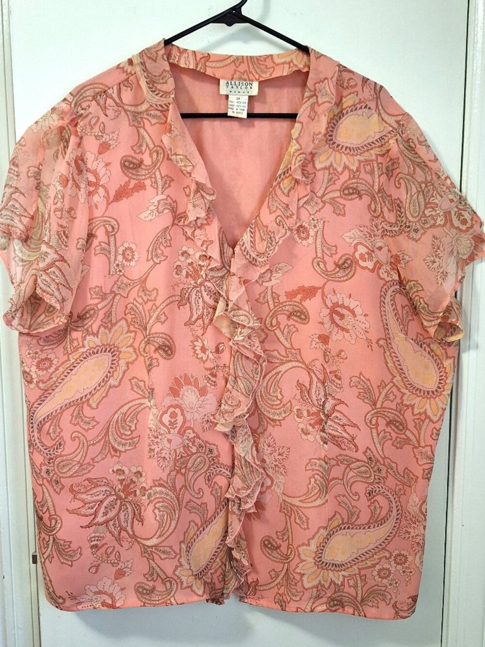 100% Silk Allison Taylor V-Neck Ruffled Blouse, Paisley Floral, Salmon, Size 2X